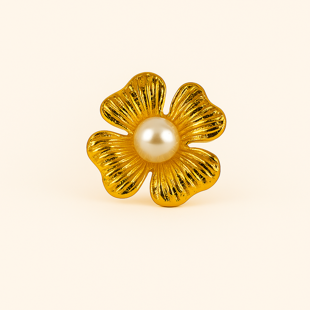 IRAZ 18k Gold Plated Anti-Tarnish Stainless Steel Statement Flower Ring with Pearl