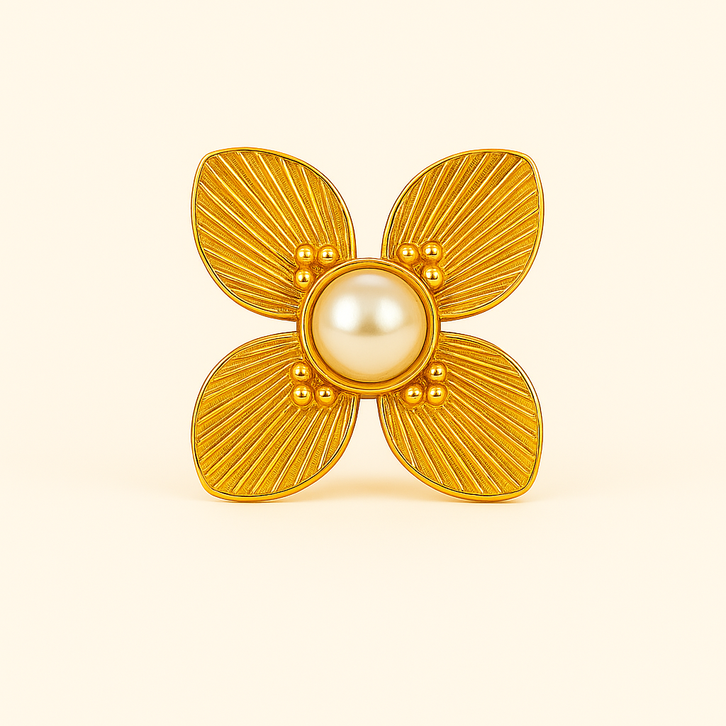 IRAZ 18k Gold Plated Anti-Tarnish Adjustable Statement Pearl and Flower Ring