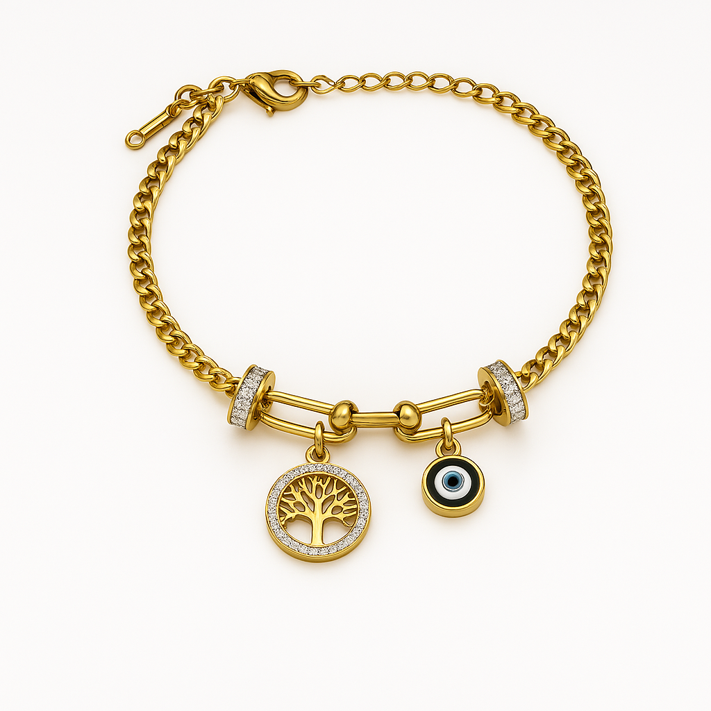 IRAZ 18k Gold Plated Anti-Tarnish Evil Eye with Tree of Life Bracelet