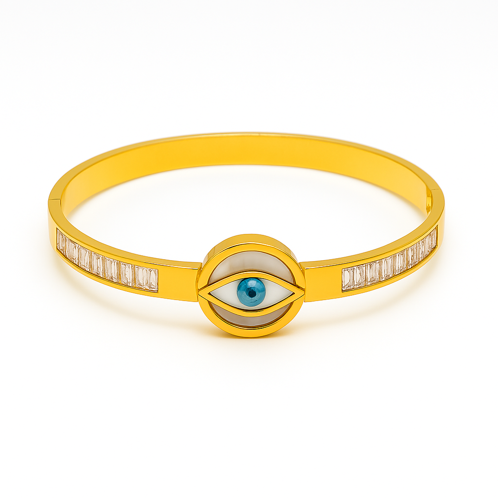 IRAZ 18k Gold Plated Anti-Tarnish Blue Eye Charm Bangle Bracelet