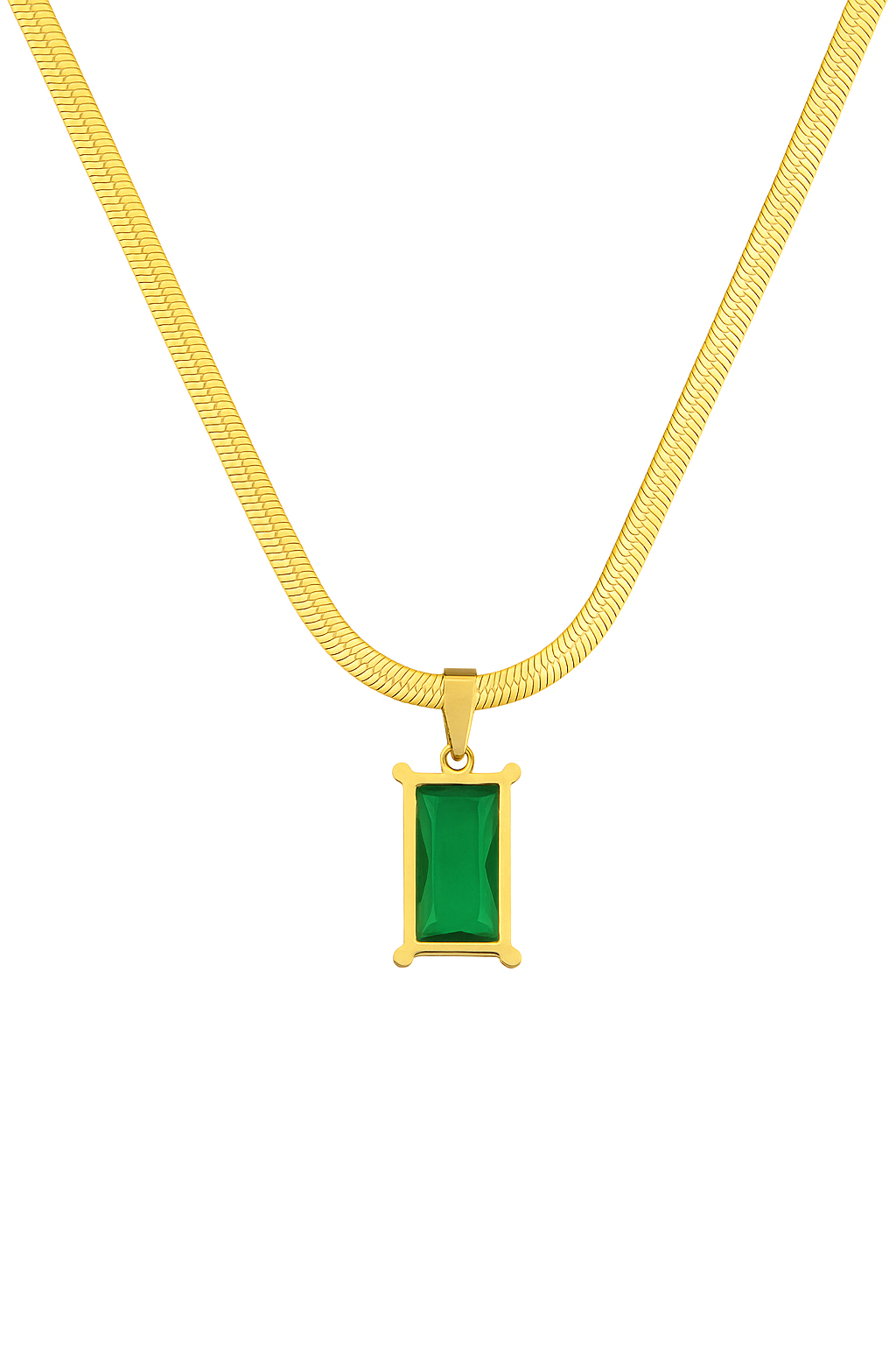 IRAZ 18K Gold Plated Anti Tarnish Stainless Steel Waterproof Emerald Green Rectangular Pendant Necklace