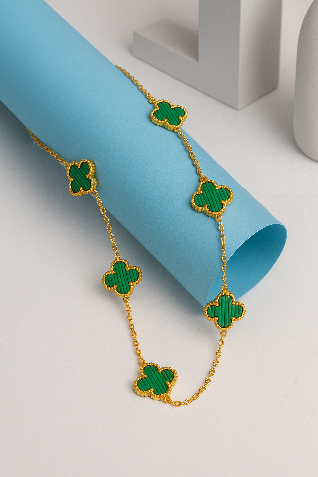IRAZ 18k Gold Plated Stainless Steel Anti-Tarnish Green Clover Necklace