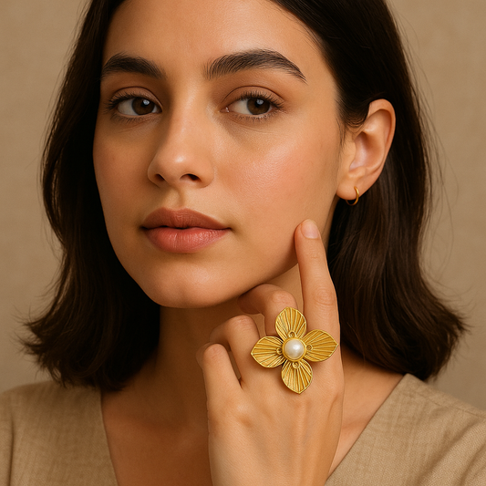IRAZ 18k Gold Plated Anti-Tarnish Adjustable Statement Pearl and Flower Ring