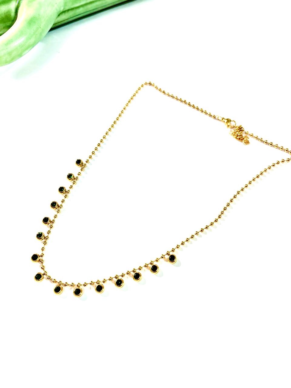 IRAZ 18K Gold Plated Anti Tarnish Stainless Steel beaded necklace with green stone accents