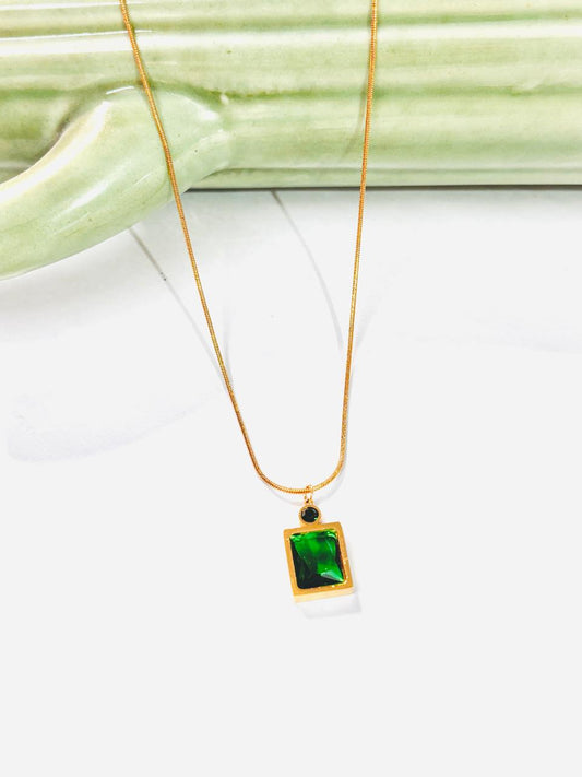 IRAZ 18K Gold Plated Anti Tarnish Stainless Steel Waterproof Emerald Green Pendant Necklace