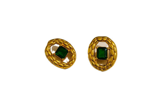 IRAZ 18K Gold Plated Anti Tarnish, Stainless Steel Oval Shaped Emerald Stone Earrings