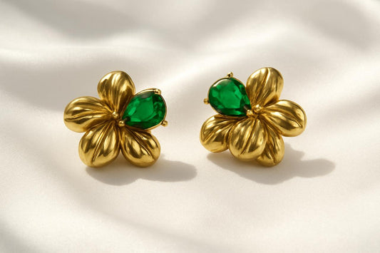 IRAZ 18K Gold Plated Anti Tarnish Stainless Steel Waterproof Flower Earrings with Green Stone
