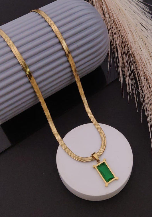 IRAZ 18K Gold Plated Anti Tarnish Stainless Steel Waterproof Emerald Green Rectangular Pendant Necklace
