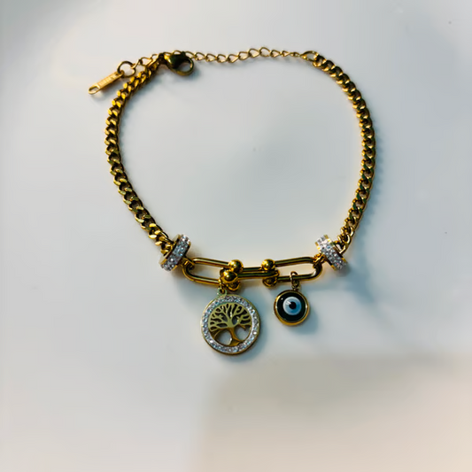 IRAZ 18k Gold Plated Anti-Tarnish Evil Eye with Tree of Life Bracelet
