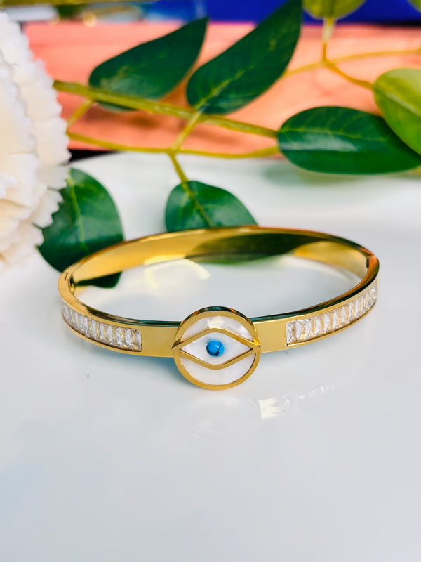 IRAZ 18k Gold Plated Anti-Tarnish Blue Eye Charm Bangle Bracelet
