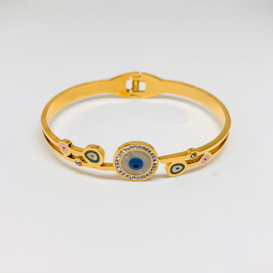 IRAZ 18k Gold Plated Anti-Tarnish Blue Eye Charm Bangle Bracelet