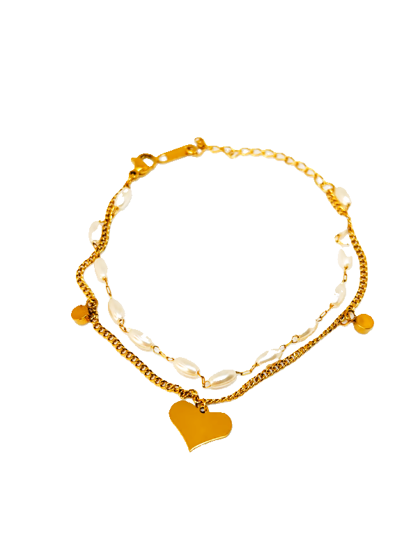 IRAZ 18k Gold Plated Anti-Tarnish Heart Charm Pearl Bracelet