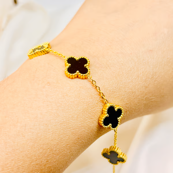 IRAZ 18k Gold Plated Stainless Steel Anti-Tarnish Black Clover Bracelet