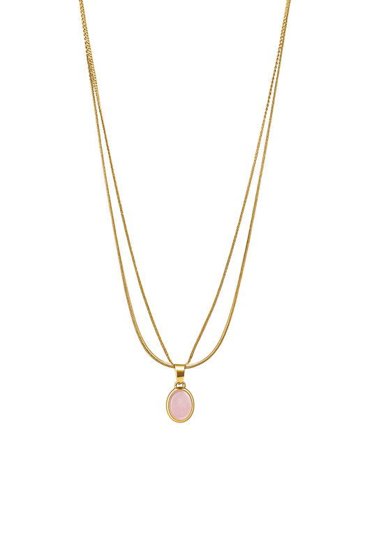 IRAZ 18K Gold-Plated Stainless-Steel Anti Tarnish Double Layered Pink Oval Stone Pendant