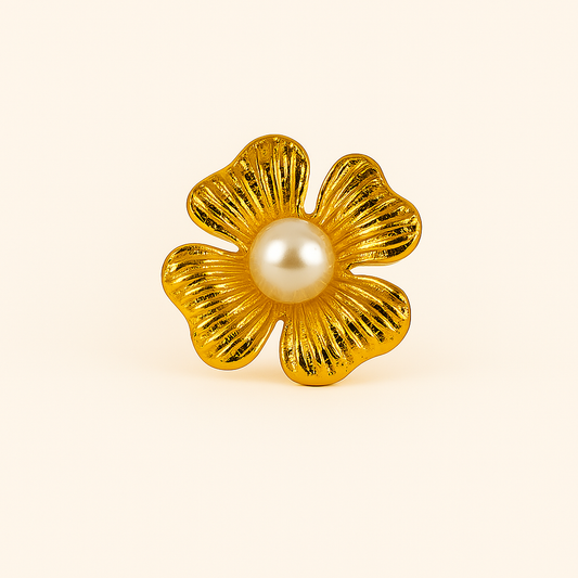 IRAZ 18k Gold Plated Anti-Tarnish Stainless Steel Statement Flower Ring with Pearl