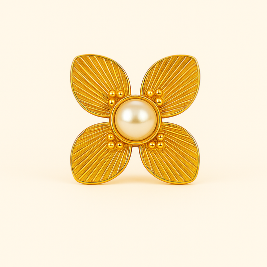 IRAZ 18k Gold Plated Anti-Tarnish Adjustable Statement Pearl and Flower Ring