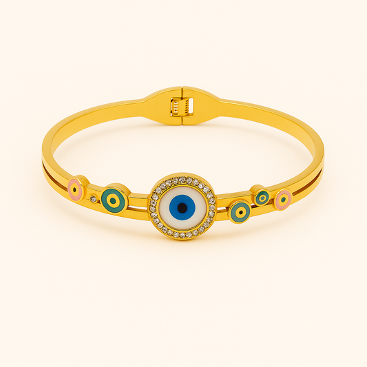 IRAZ 18k Gold Plated Anti-Tarnish Blue Eye Charm Bangle Bracelet
