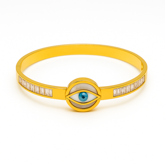 IRAZ 18k Gold Plated Anti-Tarnish Blue Eye Charm Bangle Bracelet