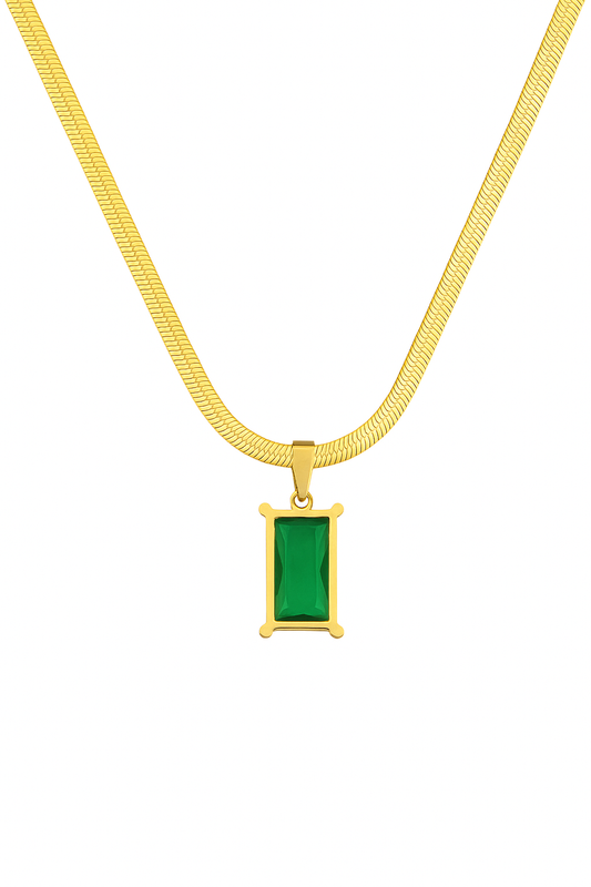 IRAZ 18K Gold Plated Anti Tarnish Stainless Steel Waterproof Emerald Green Rectangular Pendant Necklace