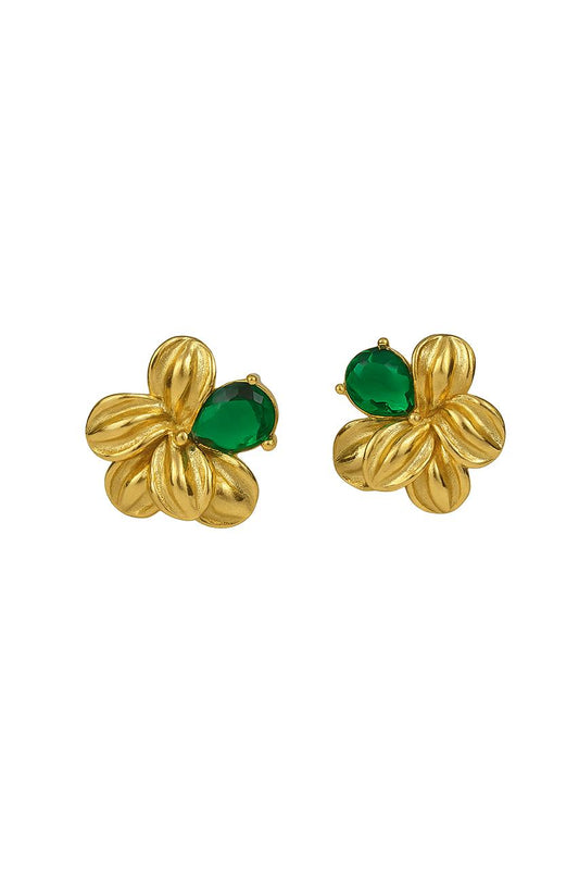 IRAZ 18K Gold Plated Anti Tarnish Stainless Steel Waterproof Flower Earrings with Green Stone