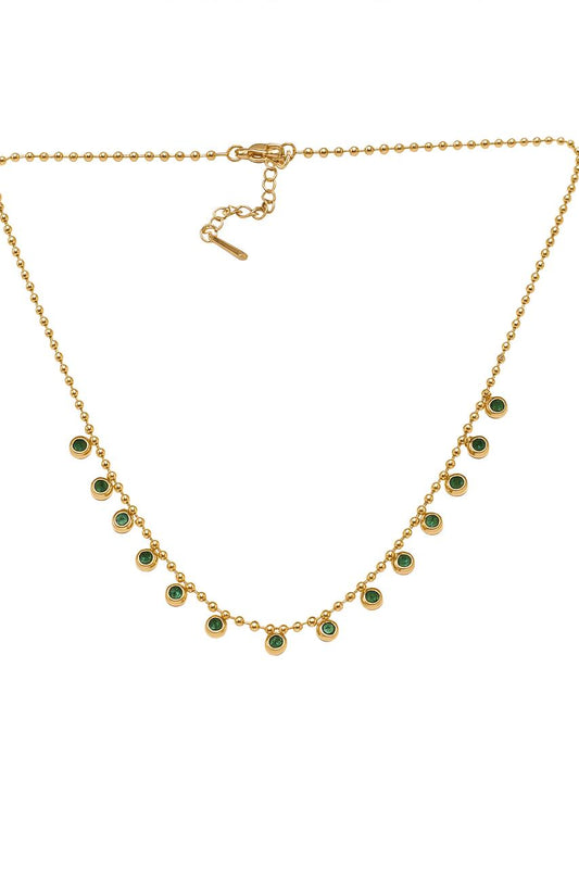 IRAZ 18K Gold Plated Anti Tarnish Stainless Steel beaded necklace with green stone accents