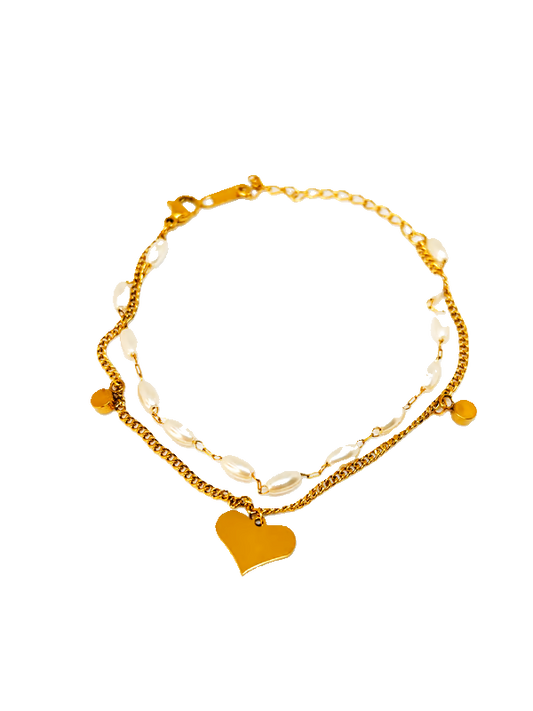 IRAZ 18k Gold Plated Anti-Tarnish Heart Charm Pearl Bracelet